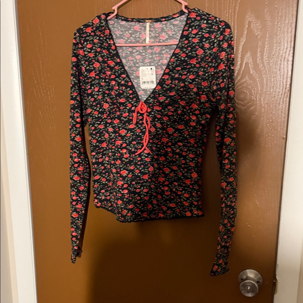 Free People Black and Red Floral Long Sleeve Top